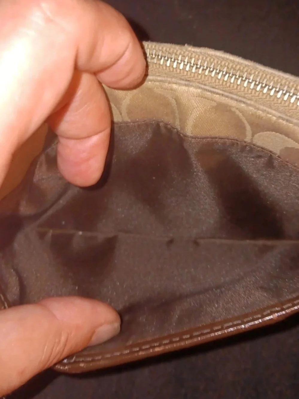 Coach Tan Signature Canvas Wristlet with Brown Leather Trim